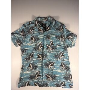 Super Massive Small Blue Shark Graphic Print Short Sleeve Button-Up Shirt